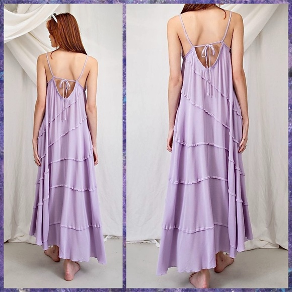 EASEL "Sun Seeker" Sexy Flowy Maxi Sundress W/Raw Seams & Back Self-Tie Details - Picture 2 of 16